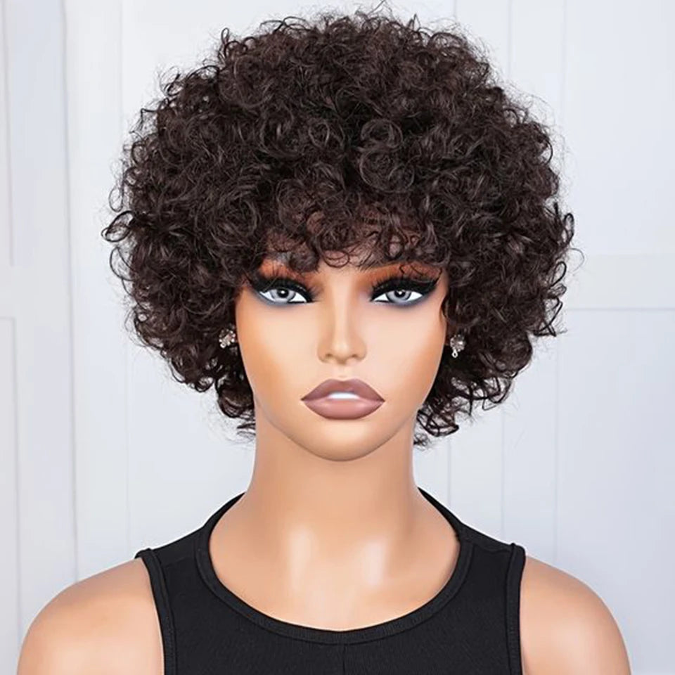 Sleek Short Pixie Afro Kinky Curly Wigs for Black Women Glueless Natural Brown Bob Wig With Bangs Brazilian Human Hair Wigs