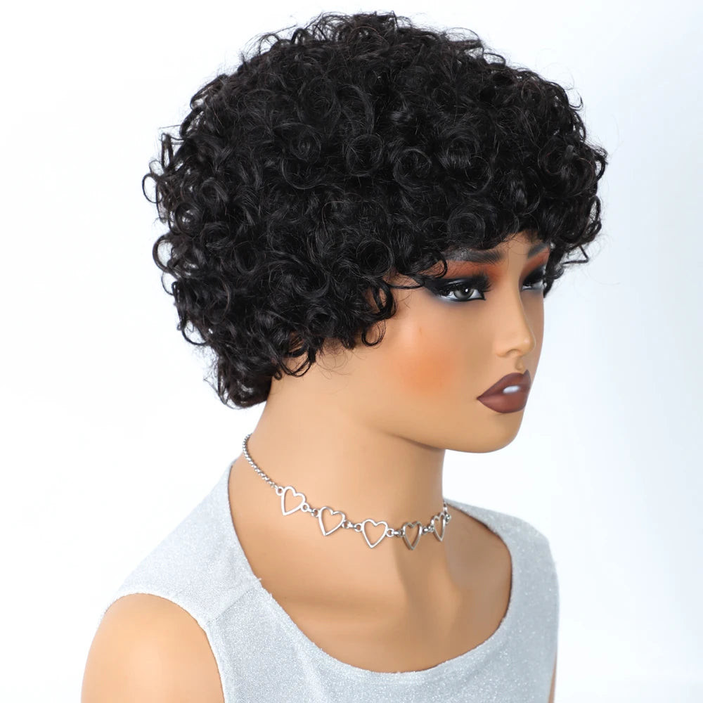 Sleek Short Pixie Afro Kinky Curly Wigs for Black Women Glueless Natural Brown Bob Wig With Bangs Brazilian Human Hair Wigs