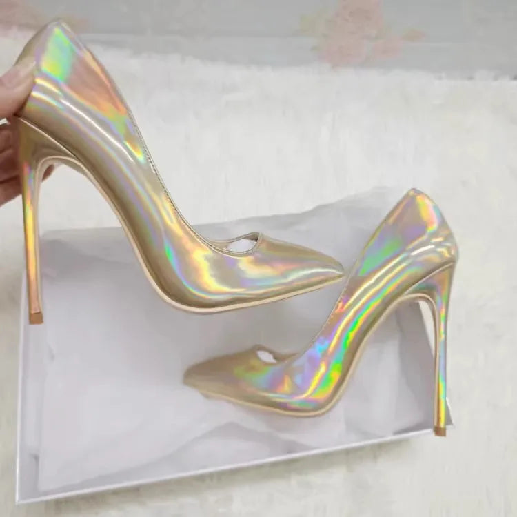 Pink 10CM 12CM High Heels Women Laser Holographic Party Dress Shoes Magical Colour Fashion Pointed Elegant Ladies Pumps Size 45