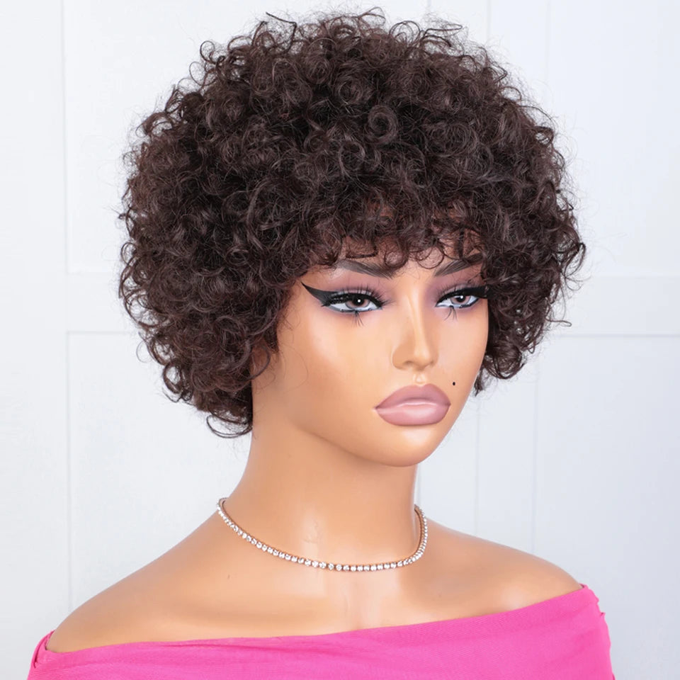 Sleek Short Pixie Afro Kinky Curly Wigs for Black Women Glueless Natural Brown Bob Wig With Bangs Brazilian Human Hair Wigs