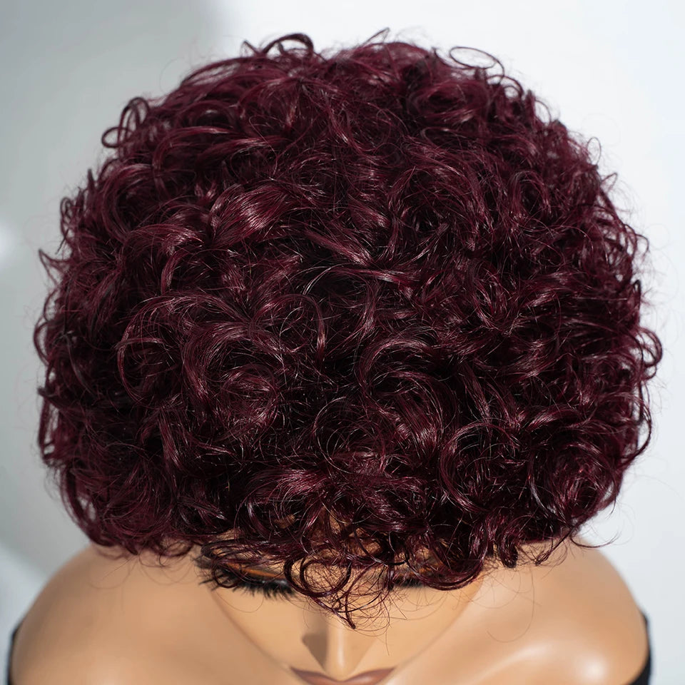 Sleek Short Pixie Afro Kinky Curly Wigs for Black Women Glueless Natural Brown Bob Wig With Bangs Brazilian Human Hair Wigs