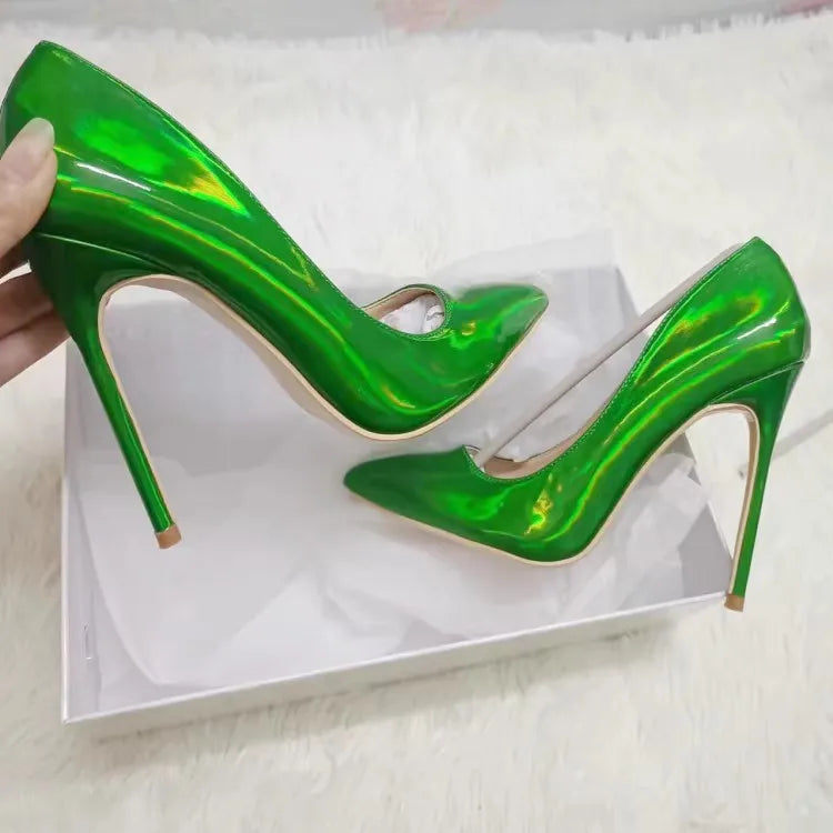 Pink 10CM 12CM High Heels Women Laser Holographic Party Dress Shoes Magical Colour Fashion Pointed Elegant Ladies Pumps Size 45