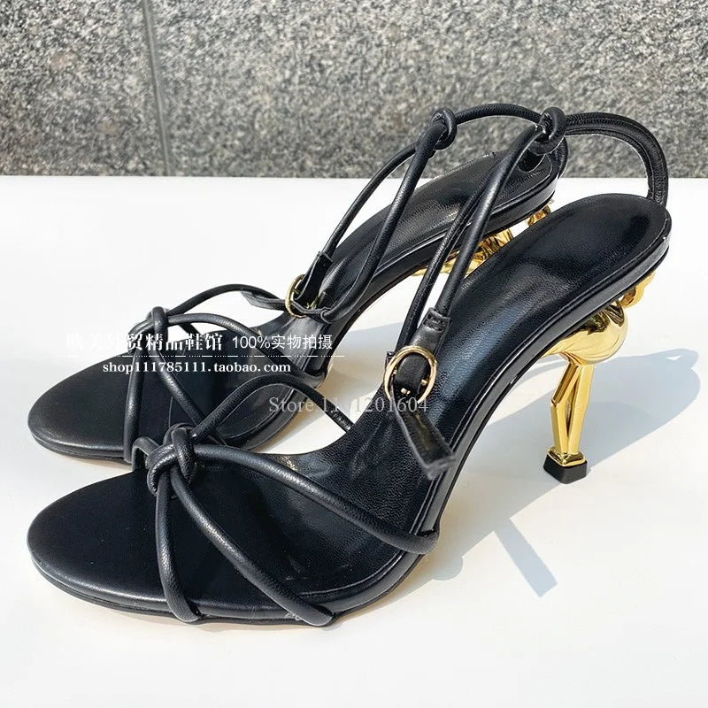 New Women's Bird Hollow Heel Embossed Cross Design Bling Open Slingback Shiny Buckle Sandals Round Toe Gold Modern Fashion Shoes