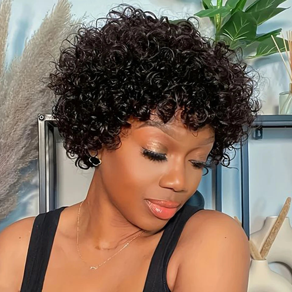 Sleek Short Pixie Afro Kinky Curly Wigs for Black Women Glueless Natural Brown Bob Wig With Bangs Brazilian Human Hair Wigs