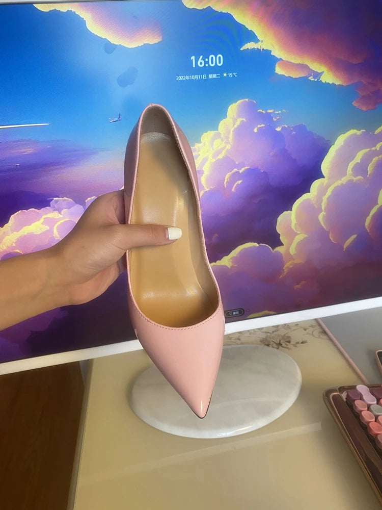 Multi color customized 12cm super high heels, nude white patent leather, sexy red sole, pointed thin single order shoes
