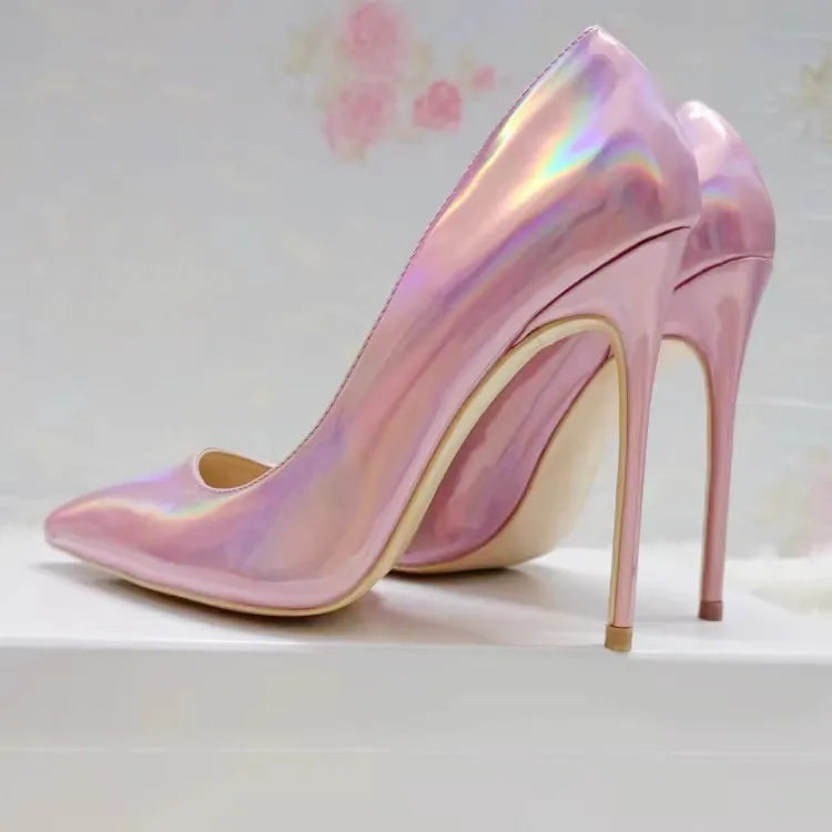 Pink 10CM 12CM High Heels Women Laser Holographic Party Dress Shoes Magical Colour Fashion Pointed Elegant Ladies Pumps Size 45