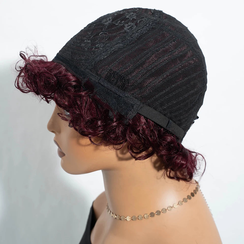 Sleek Short Pixie Afro Kinky Curly Wigs for Black Women Glueless Natural Brown Bob Wig With Bangs Brazilian Human Hair Wigs