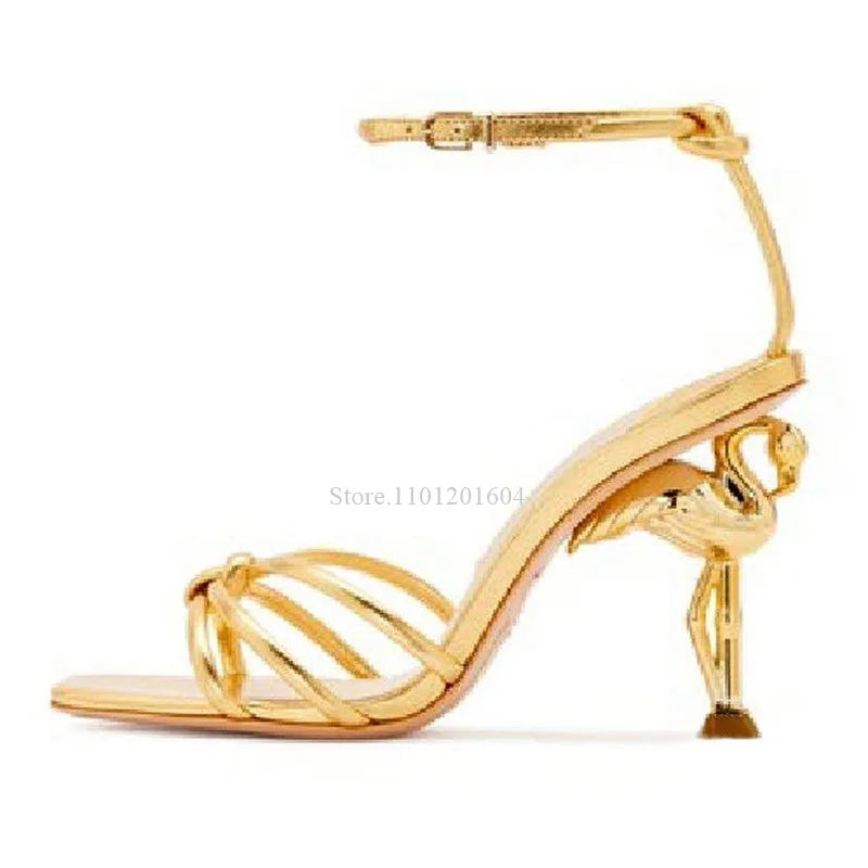 New Women's Bird Hollow Heel Embossed Cross Design Bling Open Slingback Shiny Buckle Sandals Round Toe Gold Modern Fashion Shoes