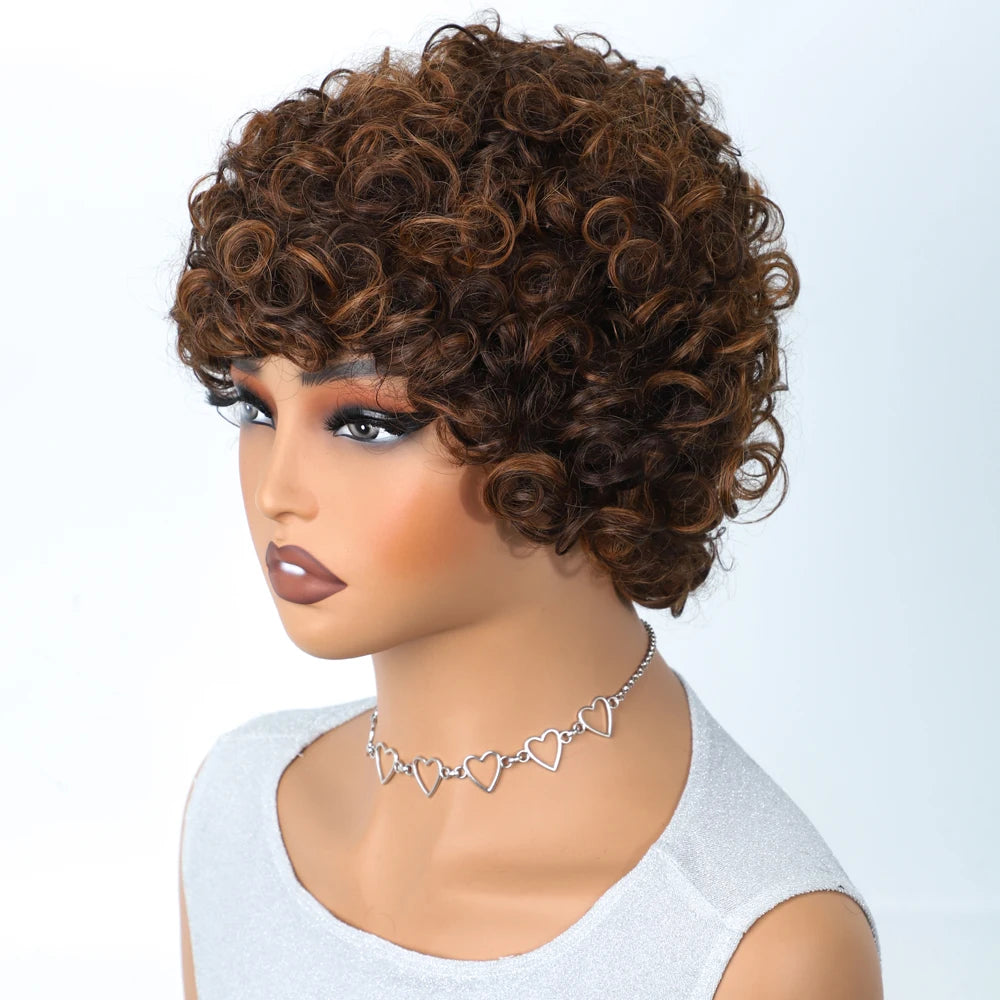 Sleek Short Pixie Afro Kinky Curly Wigs for Black Women Glueless Natural Brown Bob Wig With Bangs Brazilian Human Hair Wigs