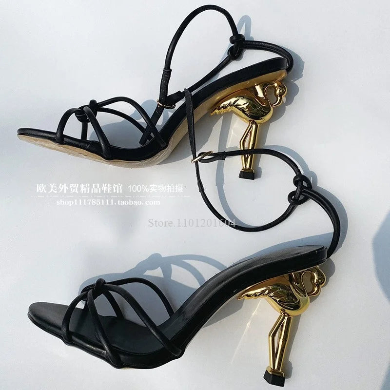 New Women's Bird Hollow Heel Embossed Cross Design Bling Open Slingback Shiny Buckle Sandals Round Toe Gold Modern Fashion Shoes