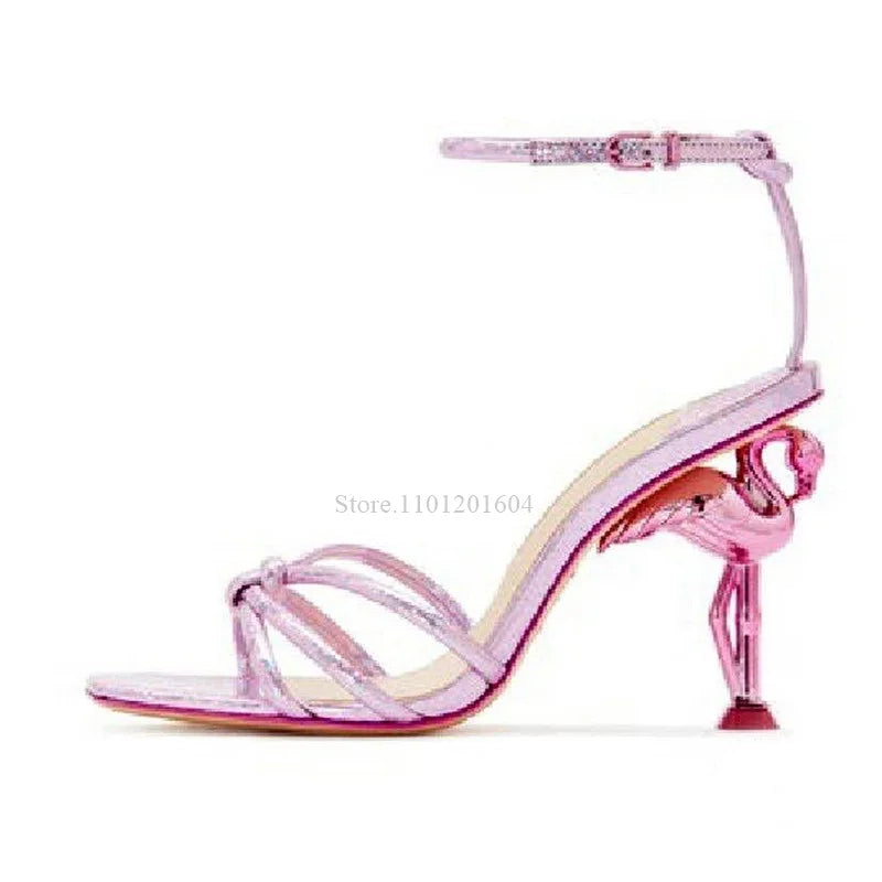 New Women's Bird Hollow Heel Embossed Cross Design Bling Open Slingback Shiny Buckle Sandals Round Toe Gold Modern Fashion Shoes