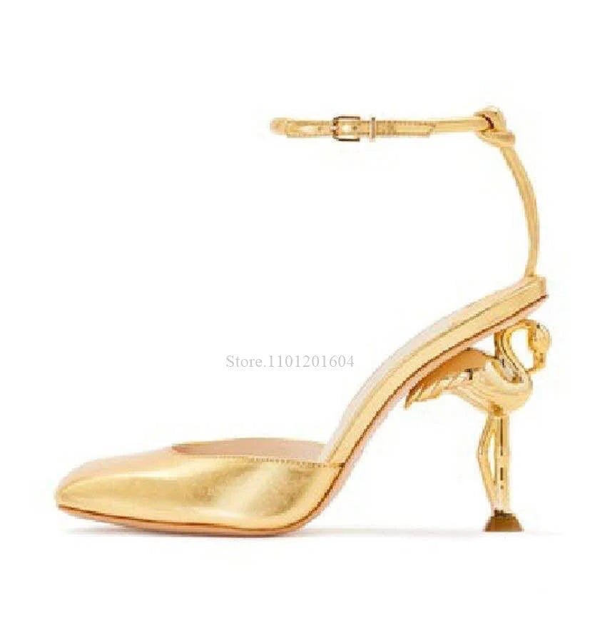 New Women's Bird Hollow Heel Embossed Cross Design Bling Open Slingback Shiny Buckle Sandals Round Toe Gold Modern Fashion Shoes