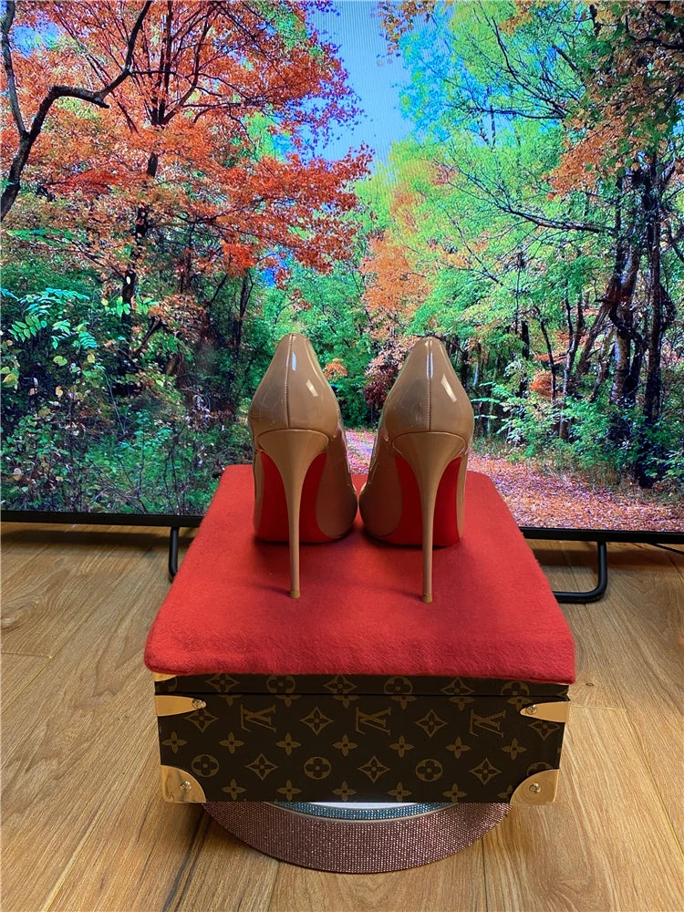 Multi color customized 12cm super high heels, nude white patent leather, sexy red sole, pointed thin single order shoes