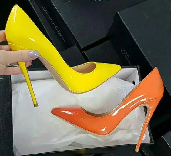UVRCOS 12cm Yellow Orange Pointed Toe Pumps Stiletto Heels Patent Leather Shallow Dress Shoes Women Sexy Party Heels Red Blue
