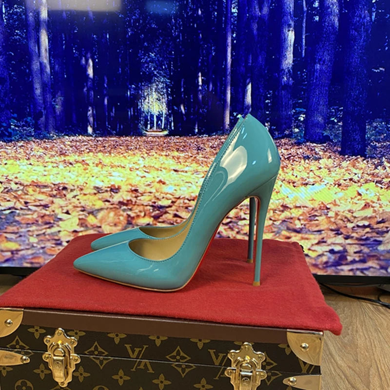 Multi color customized 12cm super high heels, nude white patent leather, sexy red sole, pointed thin single order shoes