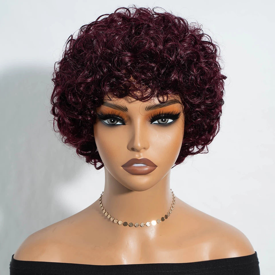 Sleek Short Pixie Afro Kinky Curly Wigs for Black Women Glueless Natural Brown Bob Wig With Bangs Brazilian Human Hair Wigs