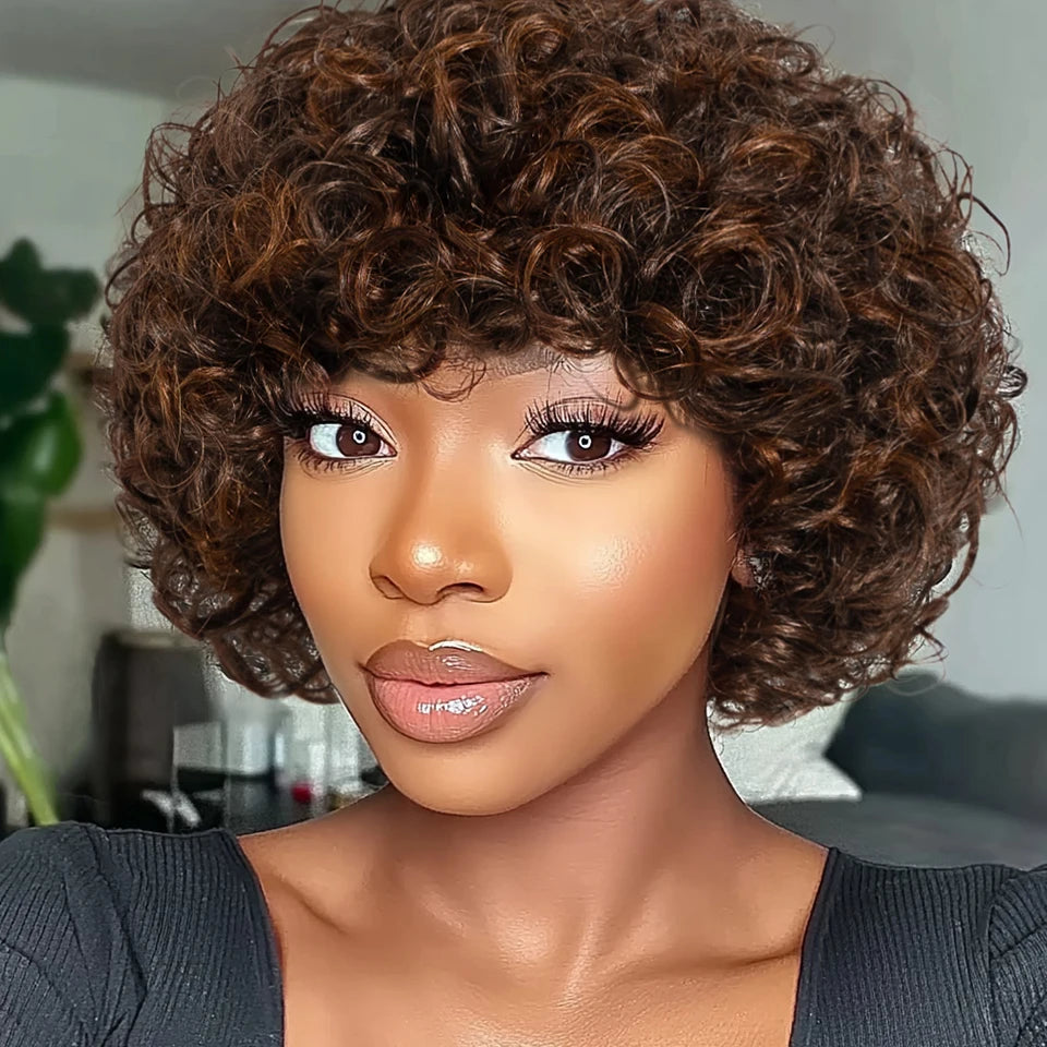 Sleek Short Pixie Afro Kinky Curly Wigs for Black Women Glueless Natural Brown Bob Wig With Bangs Brazilian Human Hair Wigs