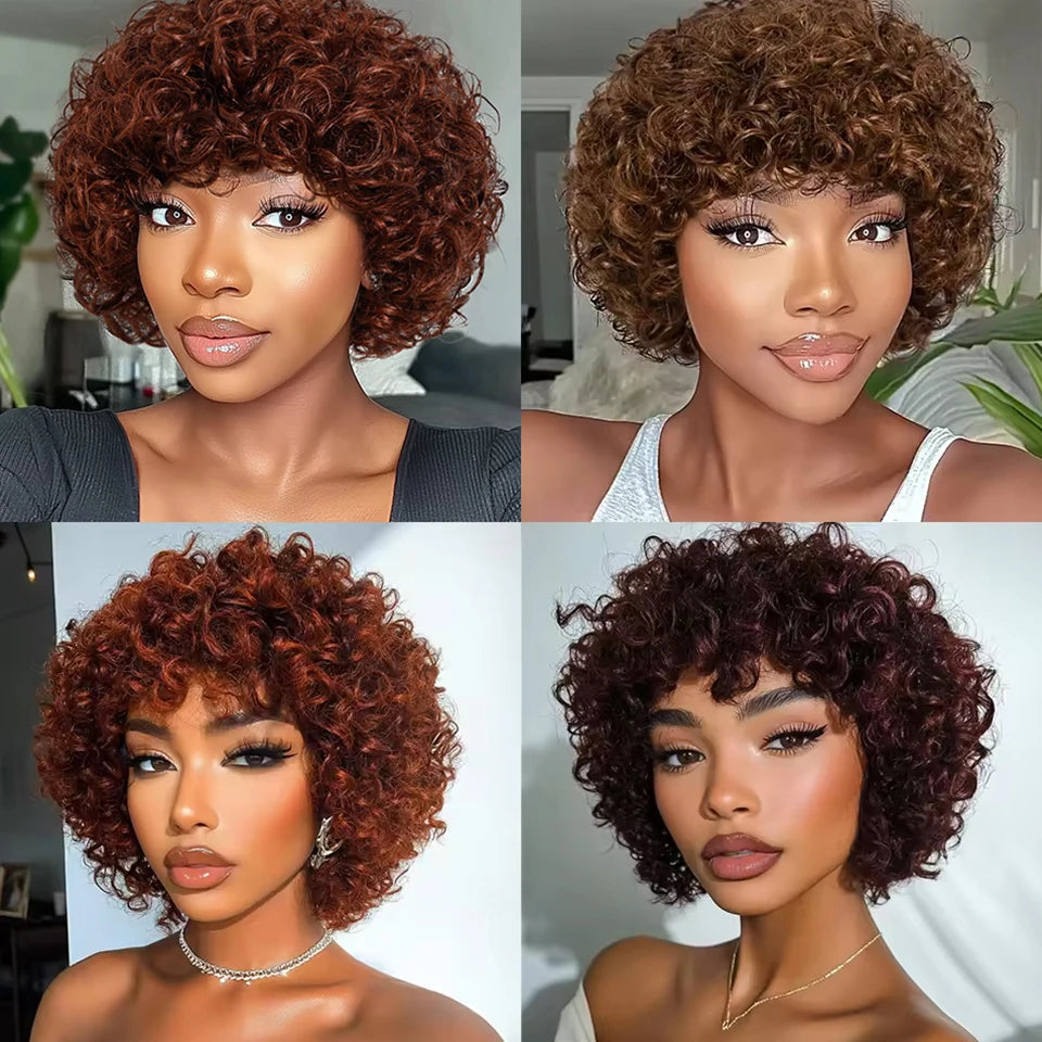 Sleek Short Pixie Afro Kinky Curly Wigs for Black Women Glueless Natural Brown Bob Wig With Bangs Brazilian Human Hair Wigs