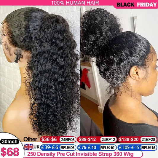 250 Density Deep Wave 360 Full Hd Lace Front Human Hair Wig Pre Plucked Water Wave 13X6 Lace Frontal Wig Glueless Wig Human Hair
