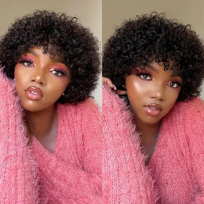 Sleek Short Pixie Afro Kinky Curly Wigs for Black Women Glueless Natural Brown Bob Wig With Bangs Brazilian Human Hair Wigs