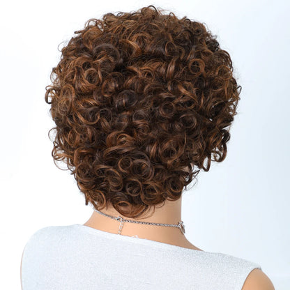 Sleek Short Pixie Afro Kinky Curly Wigs for Black Women Glueless Natural Brown Bob Wig With Bangs Brazilian Human Hair Wigs
