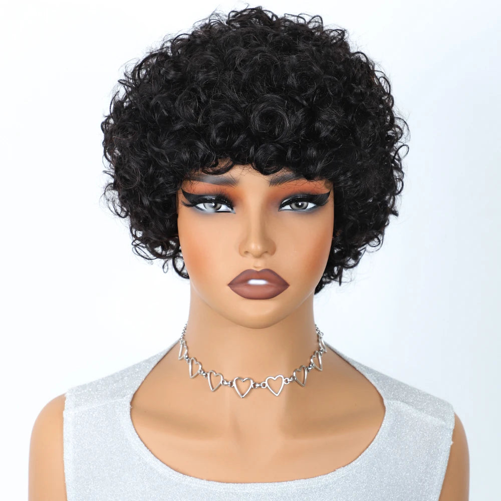 Sleek Short Pixie Afro Kinky Curly Wigs for Black Women Glueless Natural Brown Bob Wig With Bangs Brazilian Human Hair Wigs