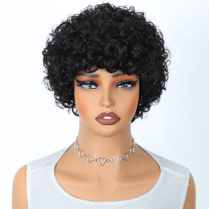 Sleek Short Pixie Afro Kinky Curly Wigs for Black Women Glueless Natural Brown Bob Wig With Bangs Brazilian Human Hair Wigs