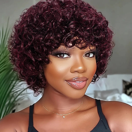Sleek Short Pixie Afro Kinky Curly Wigs for Black Women Glueless Natural Brown Bob Wig With Bangs Brazilian Human Hair Wigs