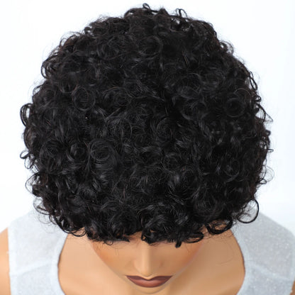 Sleek Short Pixie Afro Kinky Curly Wigs for Black Women Glueless Natural Brown Bob Wig With Bangs Brazilian Human Hair Wigs