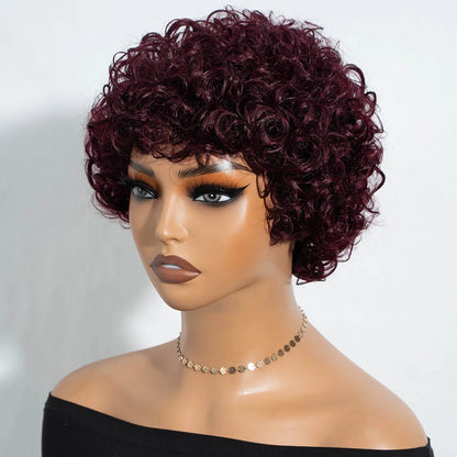 Sleek Short Pixie Afro Kinky Curly Wigs for Black Women Glueless Natural Brown Bob Wig With Bangs Brazilian Human Hair Wigs