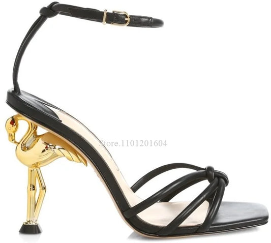 New Women's Bird Hollow Heel Embossed Cross Design Bling Open Slingback Shiny Buckle Sandals Round Toe Gold Modern Fashion Shoes