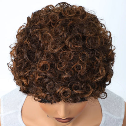 Sleek Short Pixie Afro Kinky Curly Wigs for Black Women Glueless Natural Brown Bob Wig With Bangs Brazilian Human Hair Wigs