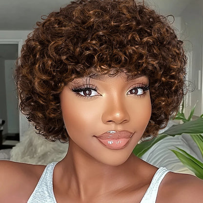 Sleek Short Pixie Afro Kinky Curly Wigs for Black Women Glueless Natural Brown Bob Wig With Bangs Brazilian Human Hair Wigs