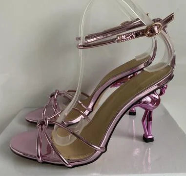 New Women's Bird Hollow Heel Embossed Cross Design Bling Open Slingback Shiny Buckle Sandals Round Toe Gold Modern Fashion Shoes