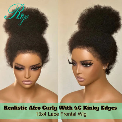 Afro Curly 13x4 Lace Frontal Wig With 4c Edges Mongolian Curly Human Hair Wigs For Black Women Brazilian Wig With Bleached Knots