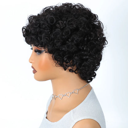 Sleek Short Pixie Afro Kinky Curly Wigs for Black Women Glueless Natural Brown Bob Wig With Bangs Brazilian Human Hair Wigs