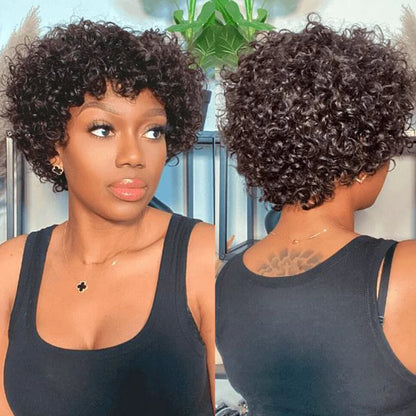 Sleek Short Pixie Afro Kinky Curly Wigs for Black Women Glueless Natural Brown Bob Wig With Bangs Brazilian Human Hair Wigs