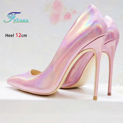 Pink 10CM 12CM High Heels Women Laser Holographic Party Dress Shoes Magical Colour Fashion Pointed Elegant Ladies Pumps Size 45