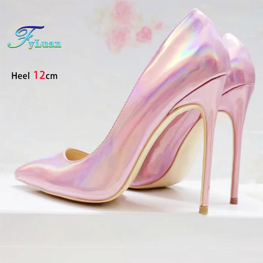 Pink 10CM 12CM High Heels Women Laser Holographic Party Dress Shoes Magical Colour Fashion Pointed Elegant Ladies Pumps Size 45