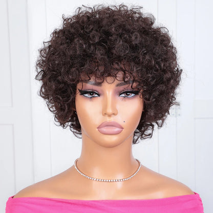 Sleek Short Pixie Afro Kinky Curly Wigs for Black Women Glueless Natural Brown Bob Wig With Bangs Brazilian Human Hair Wigs