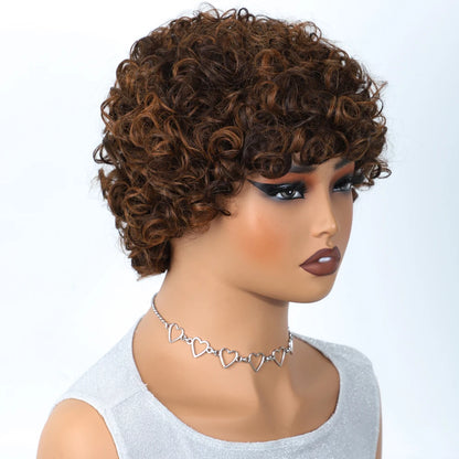 Sleek Short Pixie Afro Kinky Curly Wigs for Black Women Glueless Natural Brown Bob Wig With Bangs Brazilian Human Hair Wigs
