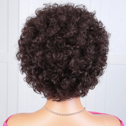 Sleek Short Pixie Afro Kinky Curly Wigs for Black Women Glueless Natural Brown Bob Wig With Bangs Brazilian Human Hair Wigs