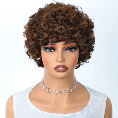 Sleek Short Pixie Afro Kinky Curly Wigs for Black Women Glueless Natural Brown Bob Wig With Bangs Brazilian Human Hair Wigs
