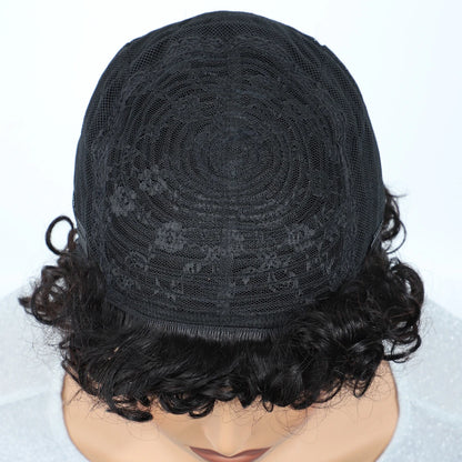 Sleek Short Pixie Afro Kinky Curly Wigs for Black Women Glueless Natural Brown Bob Wig With Bangs Brazilian Human Hair Wigs