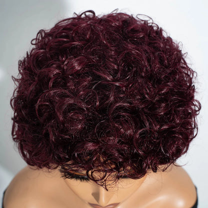 Sleek Short Pixie Afro Kinky Curly Wigs for Black Women Glueless Natural Brown Bob Wig With Bangs Brazilian Human Hair Wigs