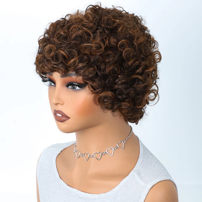 Sleek Short Pixie Afro Kinky Curly Wigs for Black Women Glueless Natural Brown Bob Wig With Bangs Brazilian Human Hair Wigs