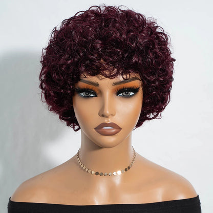 Sleek Short Pixie Afro Kinky Curly Wigs for Black Women Glueless Natural Brown Bob Wig With Bangs Brazilian Human Hair Wigs
